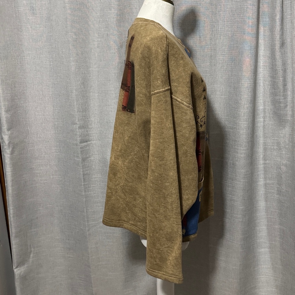 Vintage-Repurposed Sweatshirt-Tan-Abstract Detail-3 Button Toggle-Boxy Relaxed - Picture 10 of 16